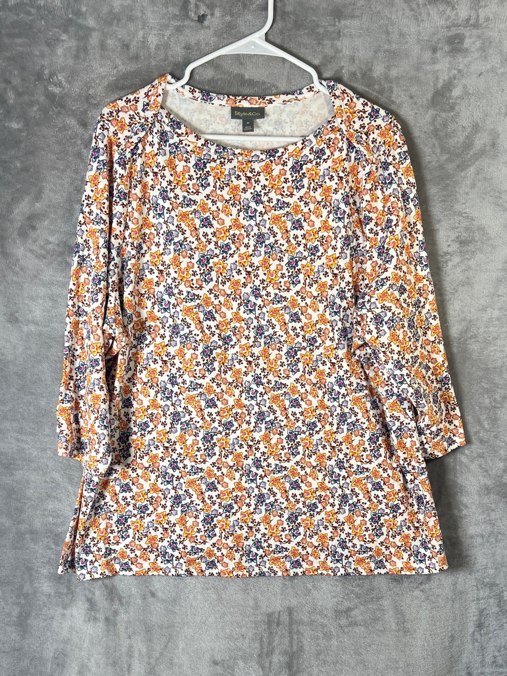 Style & Co. Floral Long Sleeve Crewneck Top in White, Orange & Blue